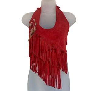 PJ Suede Fringe Tie Red Halter Top